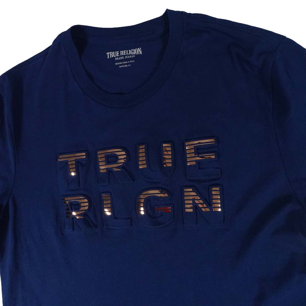 True Religion RLGN Bling Logo Boyfriend Fit Blue T Shirt Women's Medium